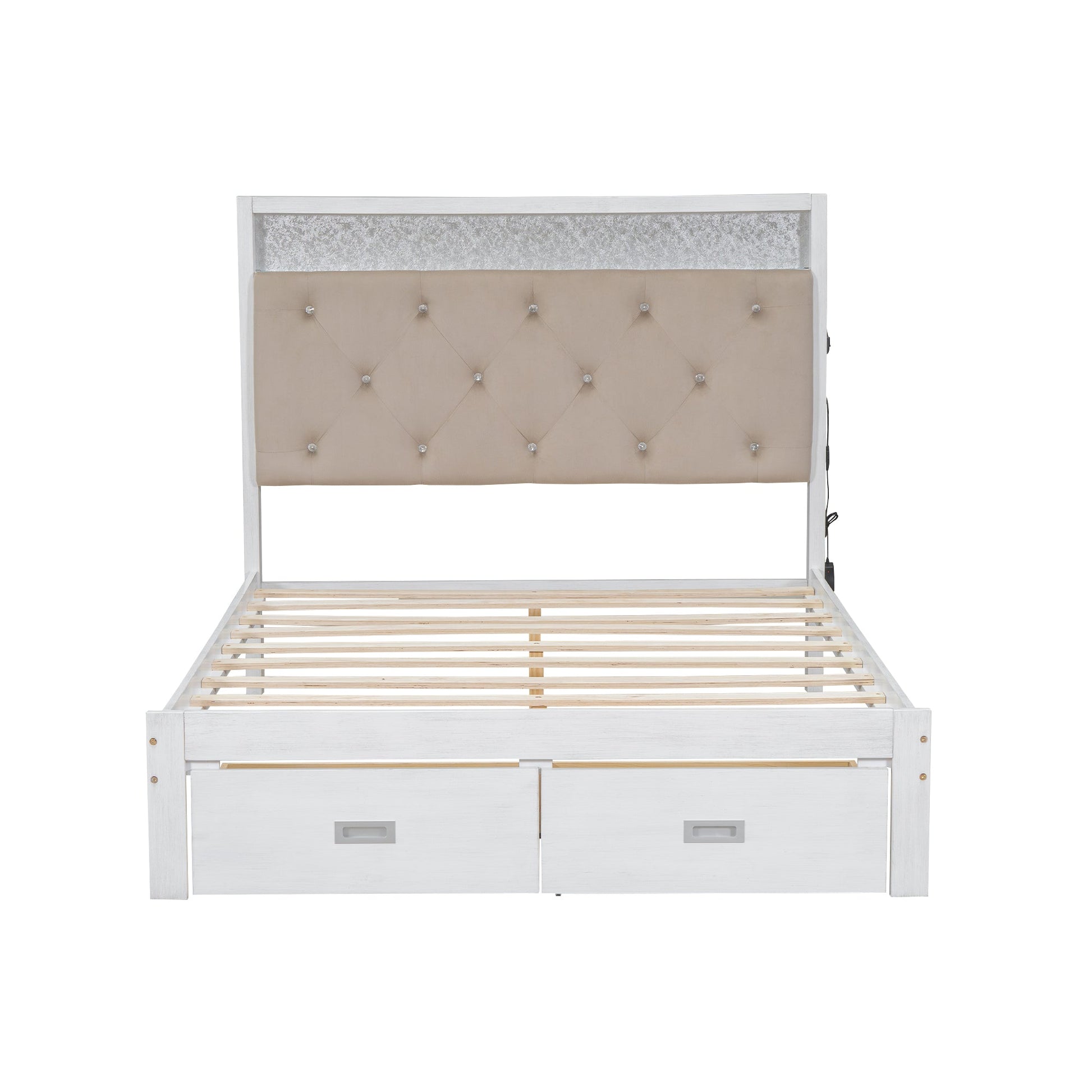 Wood Full Size Platform Bed with Upholstered Headboard and LED and 2 Drawers, Antique White - Korvel