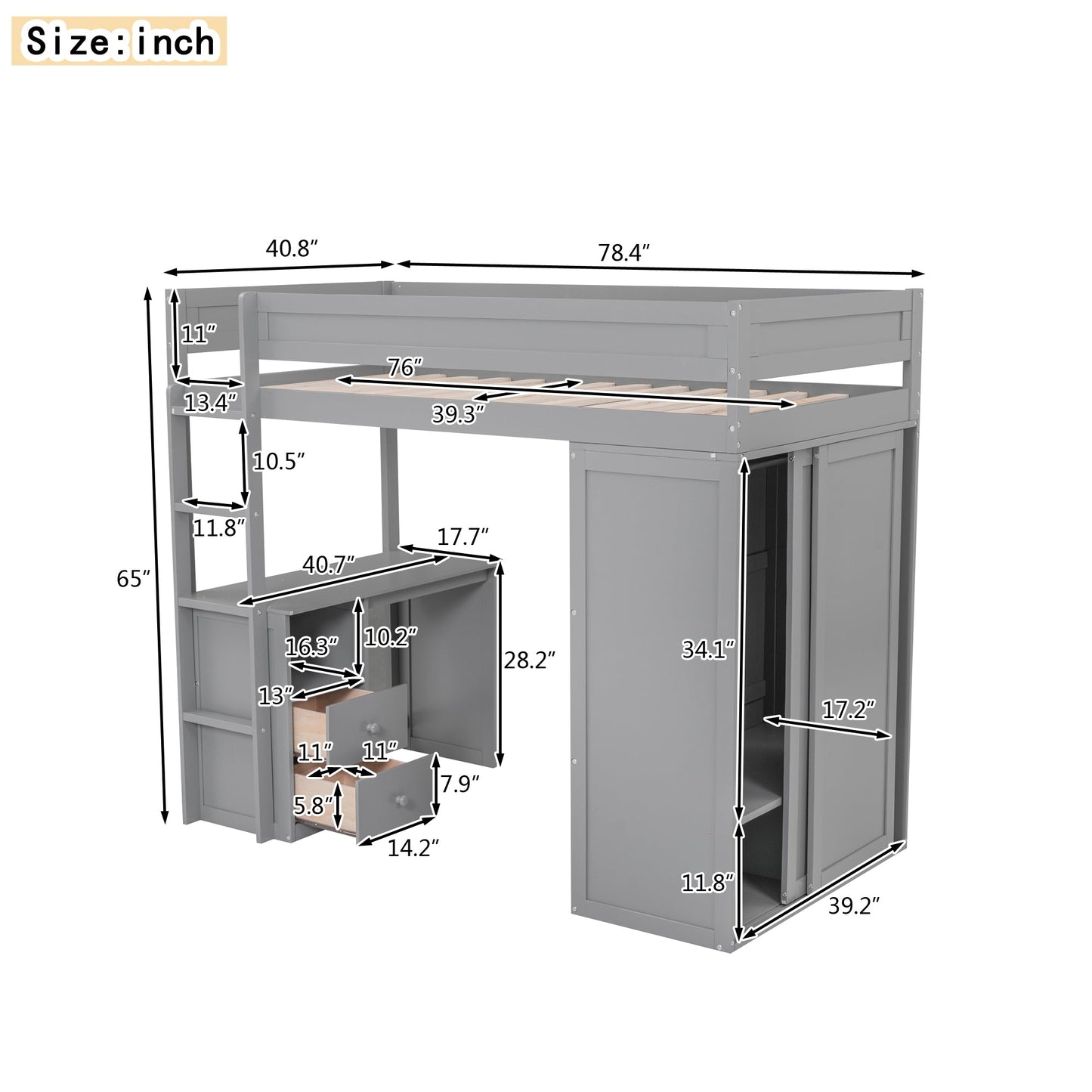 Wood Twin Size Loft Bed with Wardrobes and 2-Drawer Desk with Cabinet Gray - Korvel