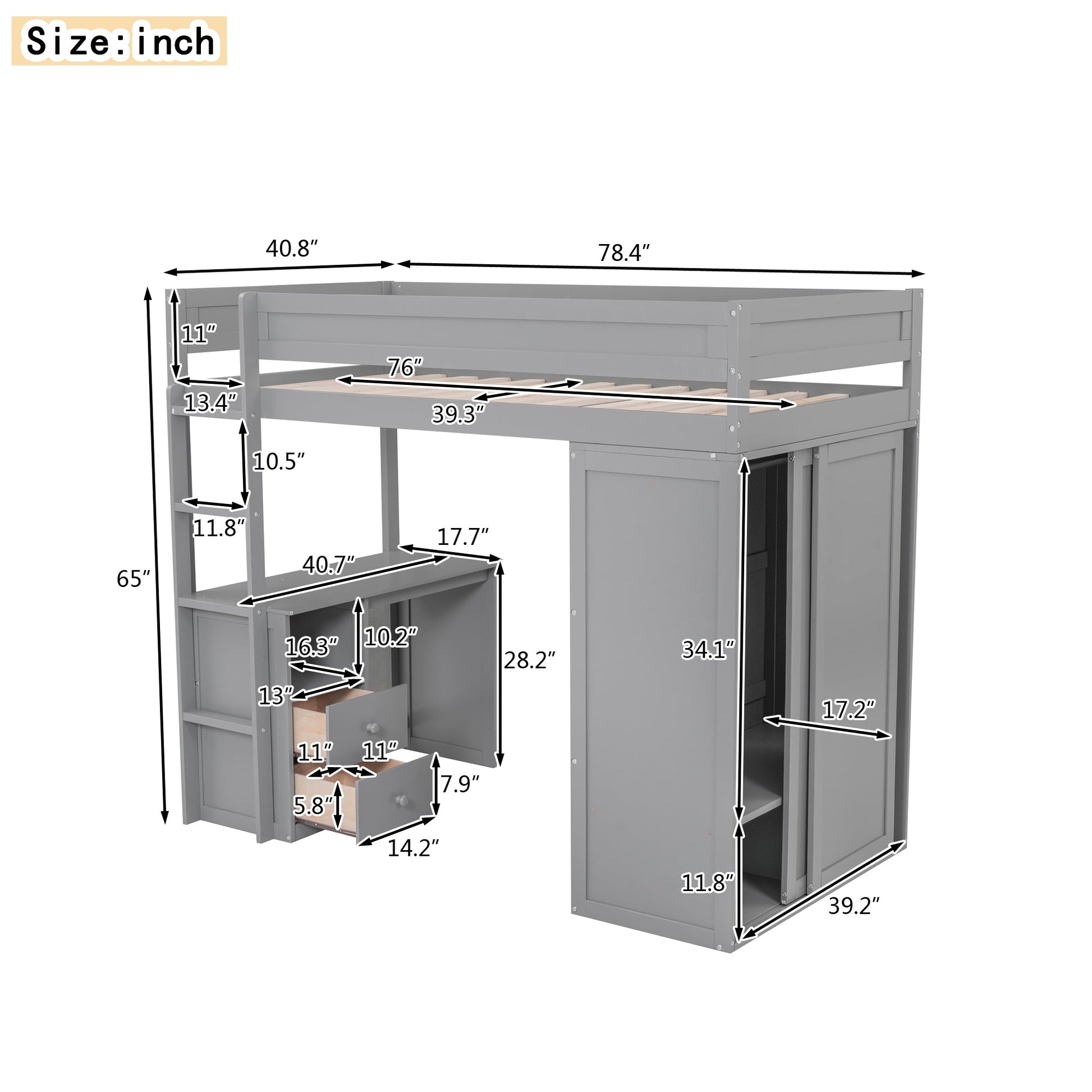 Wood Twin Size Loft Bed with Wardrobes and 2-Drawer Desk with Cabinet Gray - Korvel
