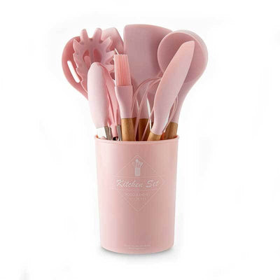 11-Piece Barreled Cooking Utensils Set with Wooden Handle - Pink