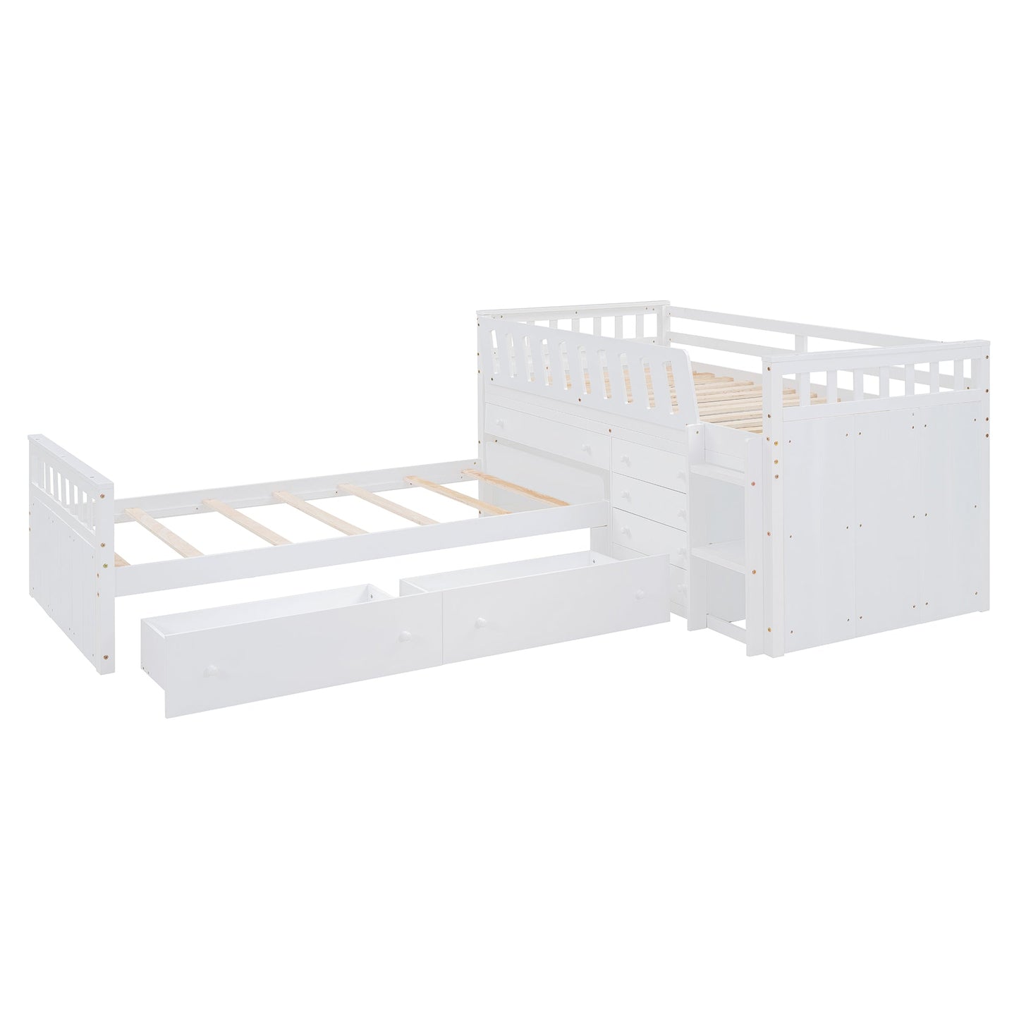 Cama loft twin en forma de L que ahorra espacio con 7 cajones - Blanca