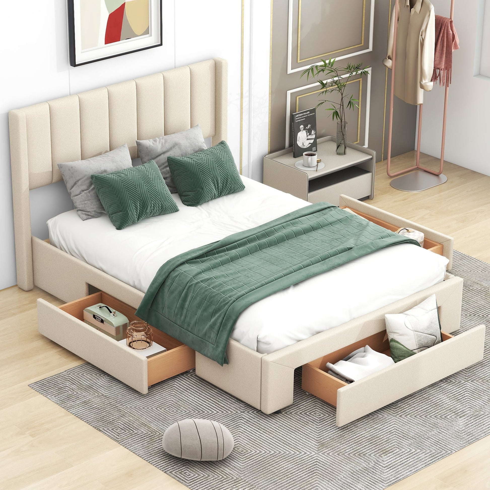 Full Size Upholstered Platform Bed with One Large Drawer in the Footboard and Drawer on Each Side Beige - Korvel