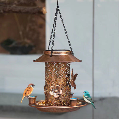 Outdoor solar powered lamp metal hanging bird feeder feeding and watering dual-purpose bird feeder decorative lamp - Korvel