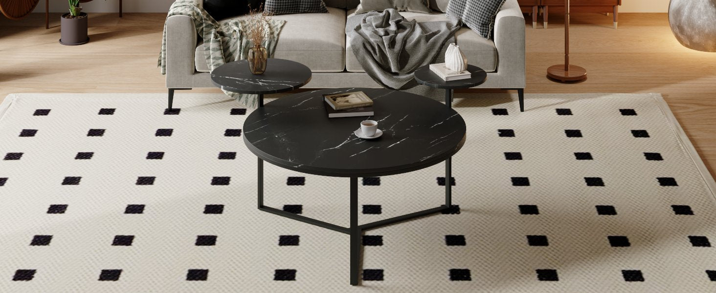 Modern coffee table with two display shelves, Black Faux marble surfaces, Tripod-inspired base,Rounded tabletop edges - Korvel