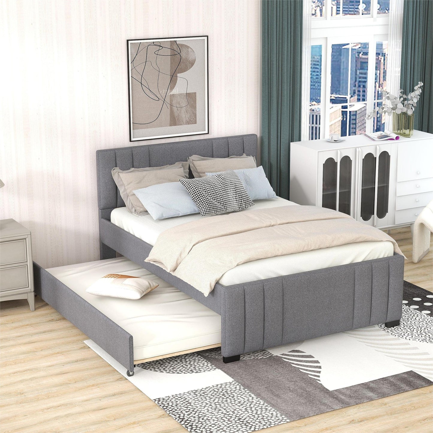 Full Upholstered Platform Bed with Trundle Grey - Korvel