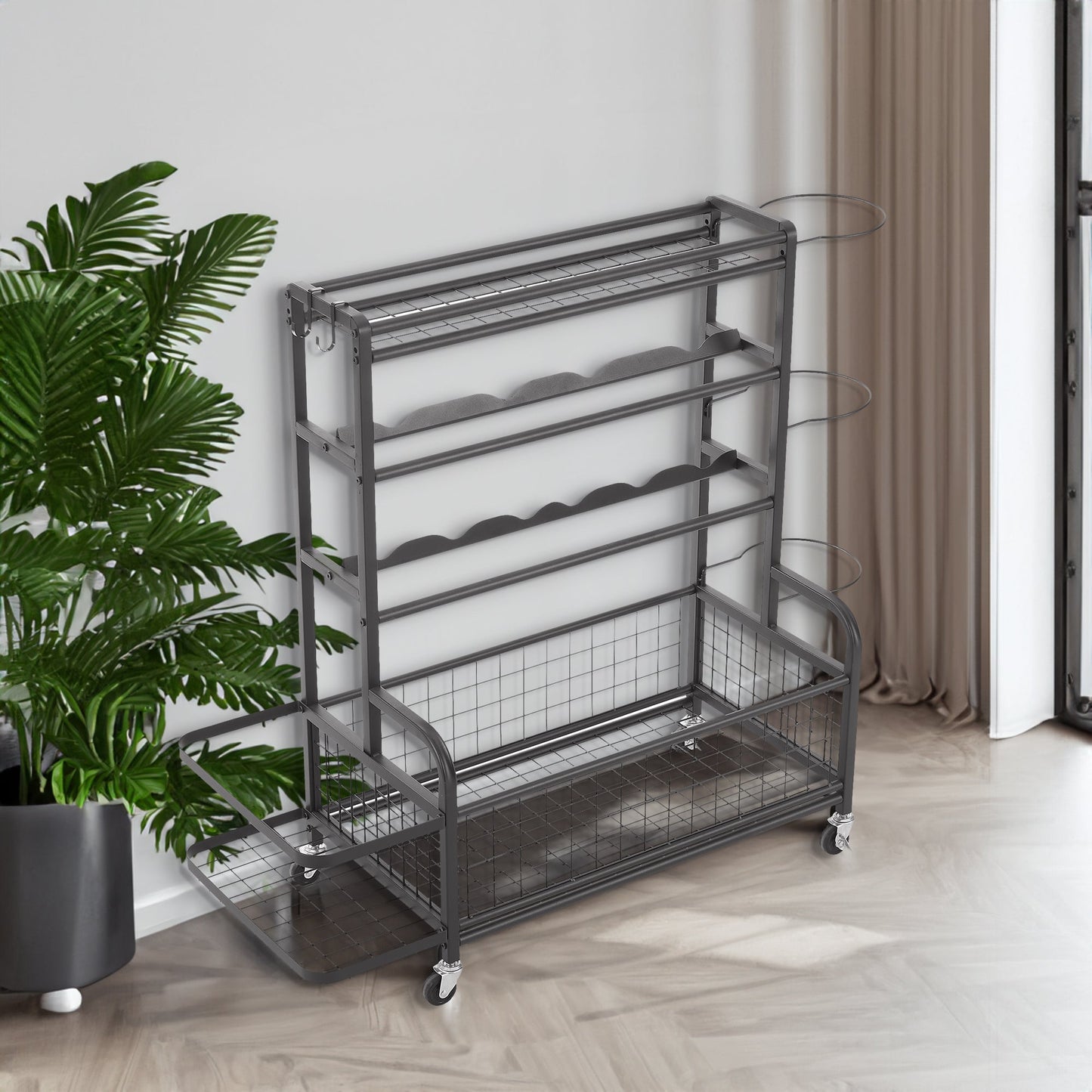 4-Tier Metal Storage Rack with Rolling Wheels and Hooks