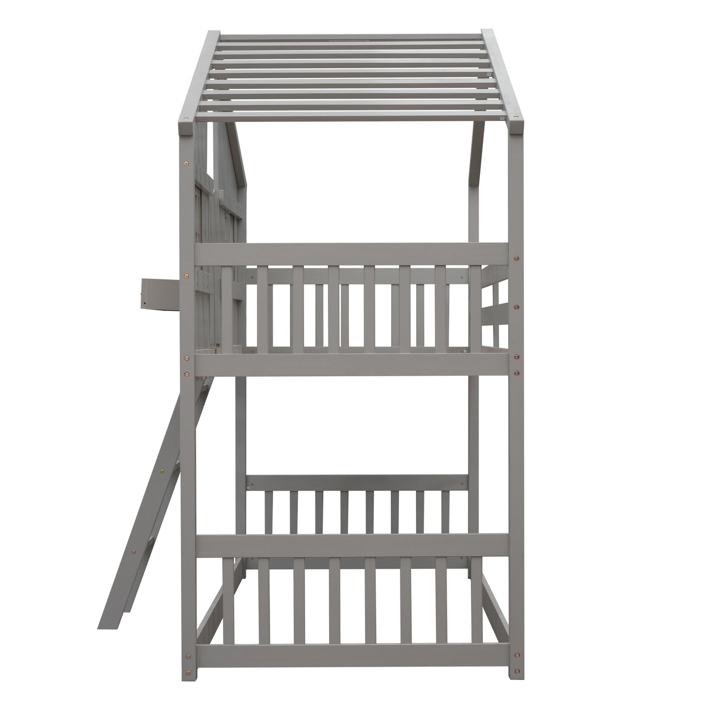 Twin over Twin House Bunk Bed with Roof , Window, Window Box, Door , with Safety Guardrails and Ladder, Grey - Korvel