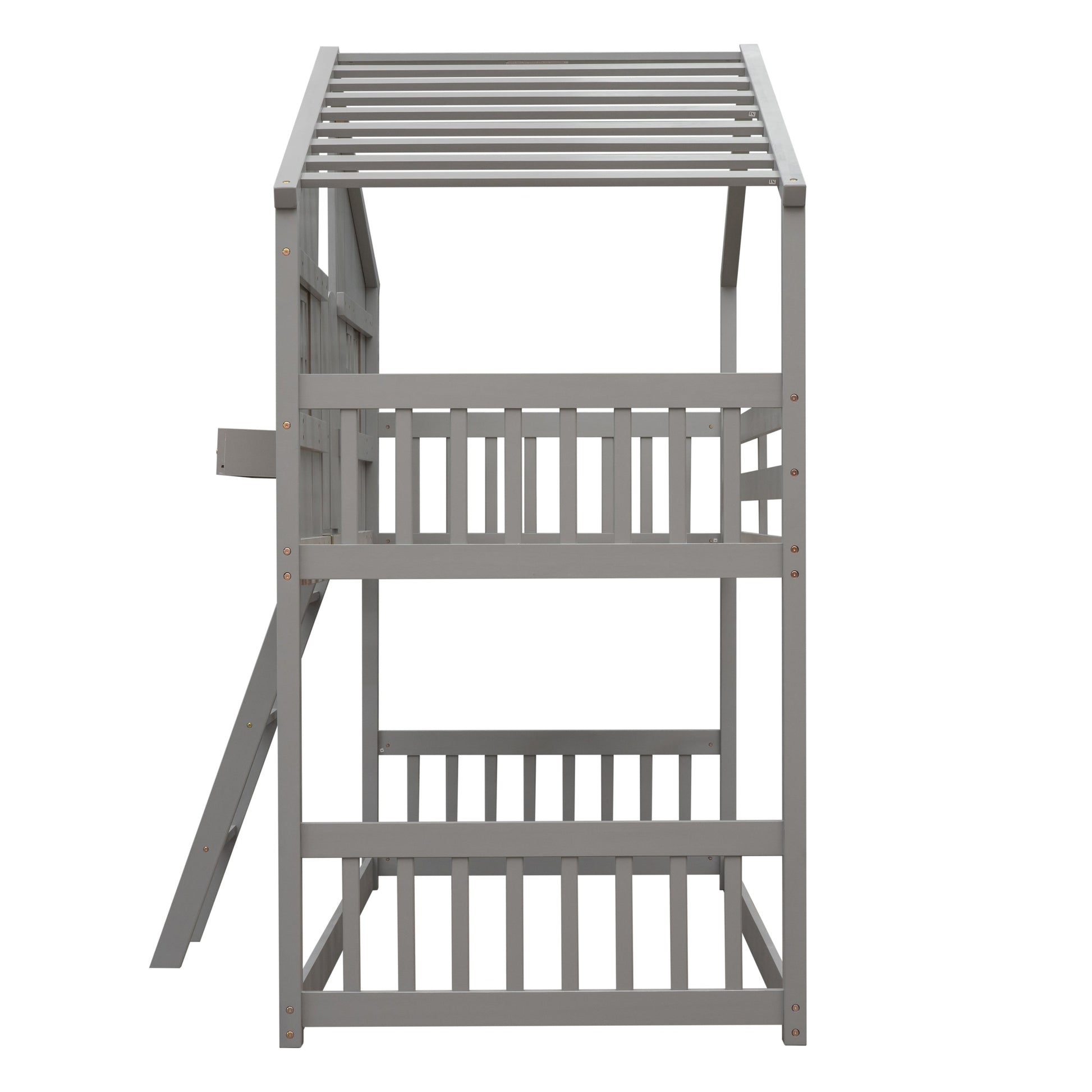 Twin over Twin House Bunk Bed with Roof , Window, Window Box, Door , with Safety Guardrails and Ladder, Grey - Korvel