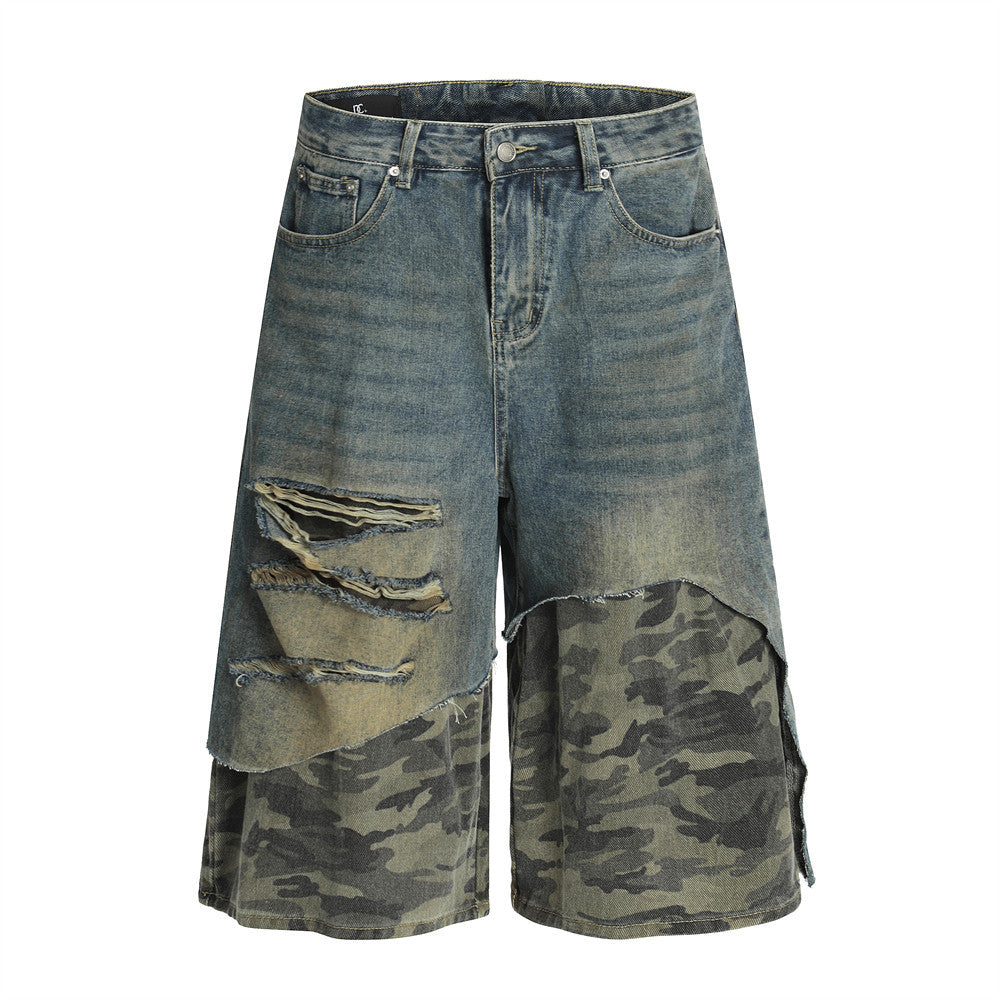 Shorts en denim camouflage patchwork pour hommes
