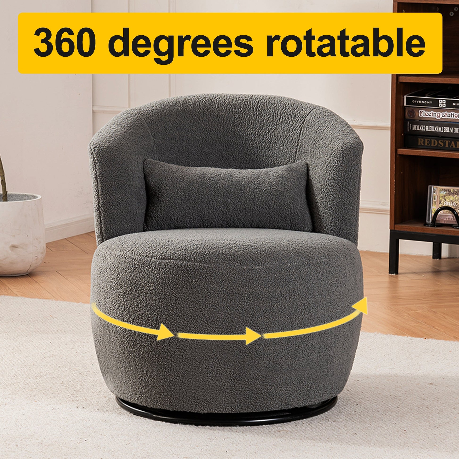 Grey Plush Swivel Accent Chair - Contemporary Round Armchair with 360° Rotation and Metal Base for Living Room Elegance - Korvel