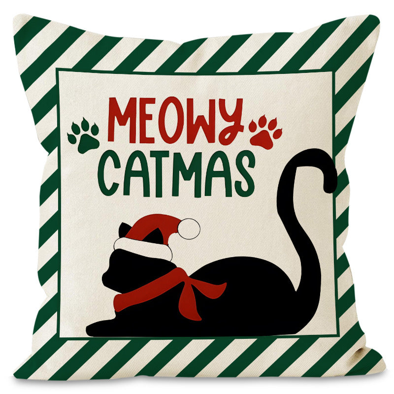 Christmas striped pillow cover linen black cat print pillowcase home holiday decoration cushion cover - Korvel