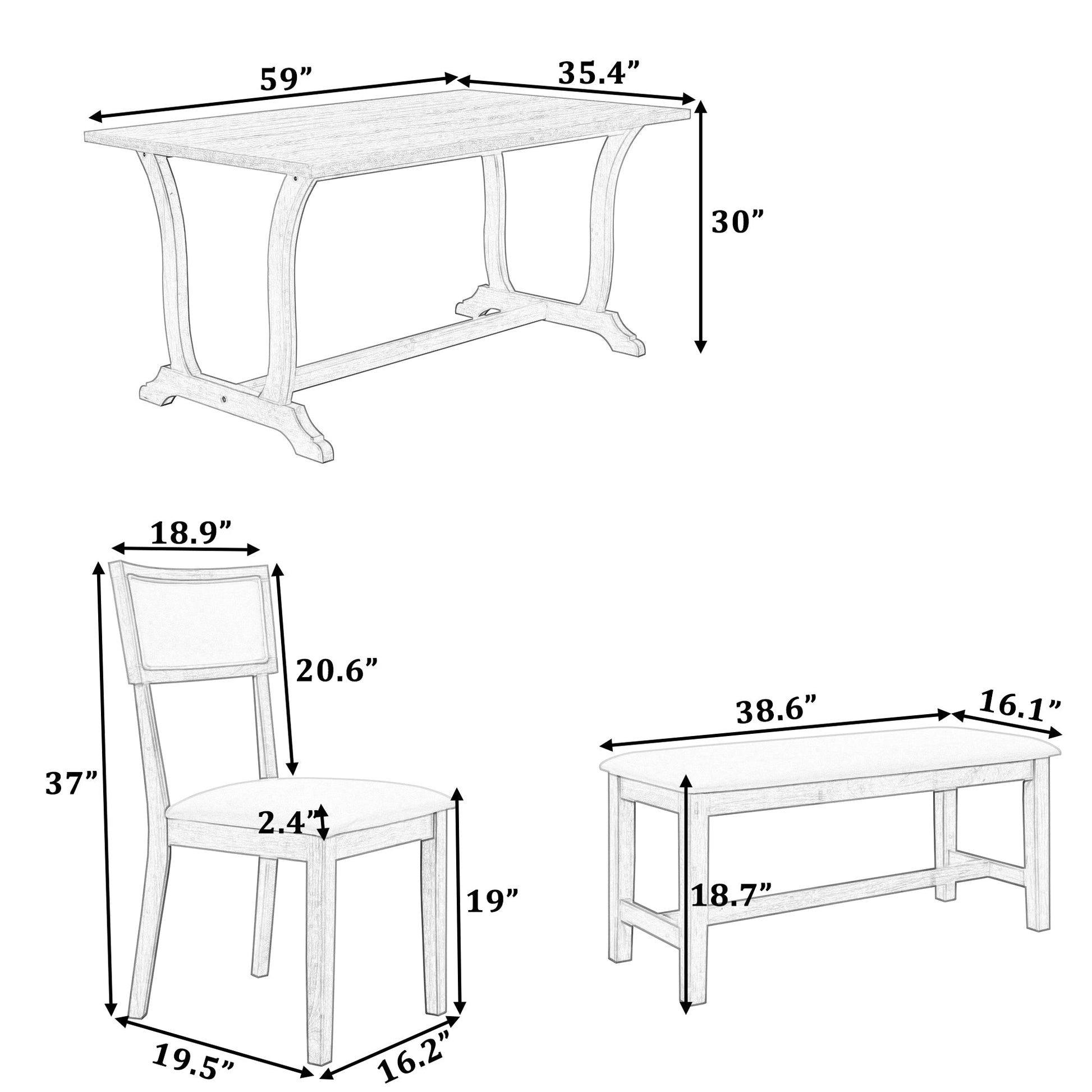 TOPMAX Farmhouse 6-Piece Trestle Dining Table Set with Upholstered Dining Chairs and Bench  59inch, White - Korvel