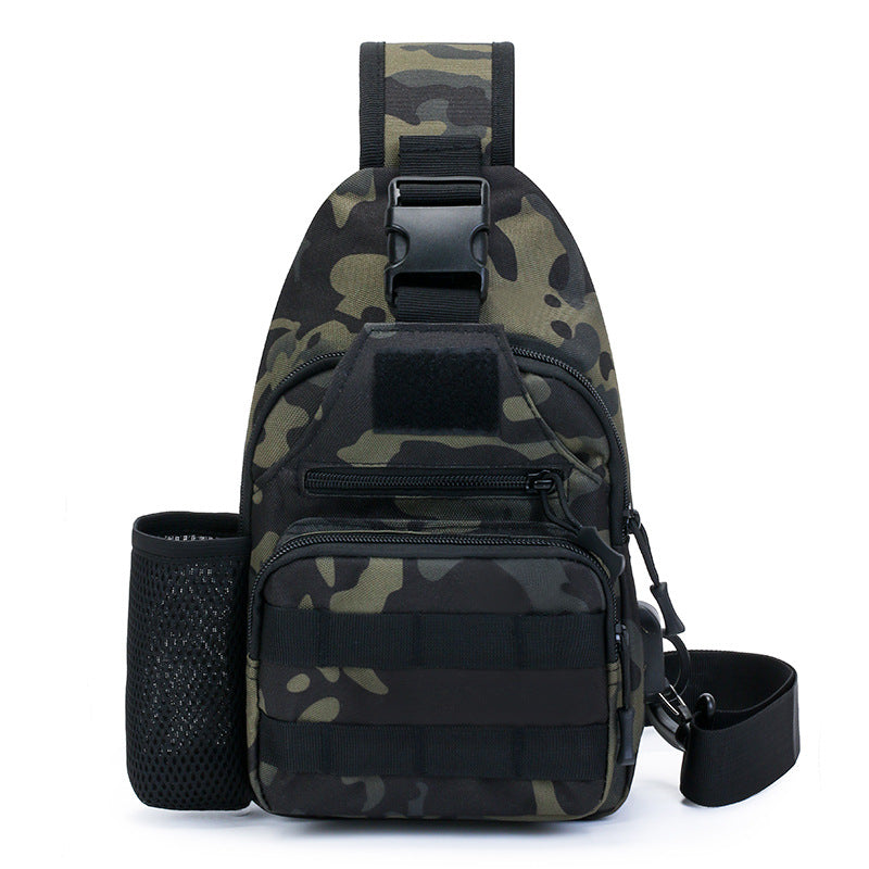 Tactical crossbody sling backpack. Has water bottle holder, MOLLE system, USB charging port. Ideal for travel and walks. Cp Camo - Korvel