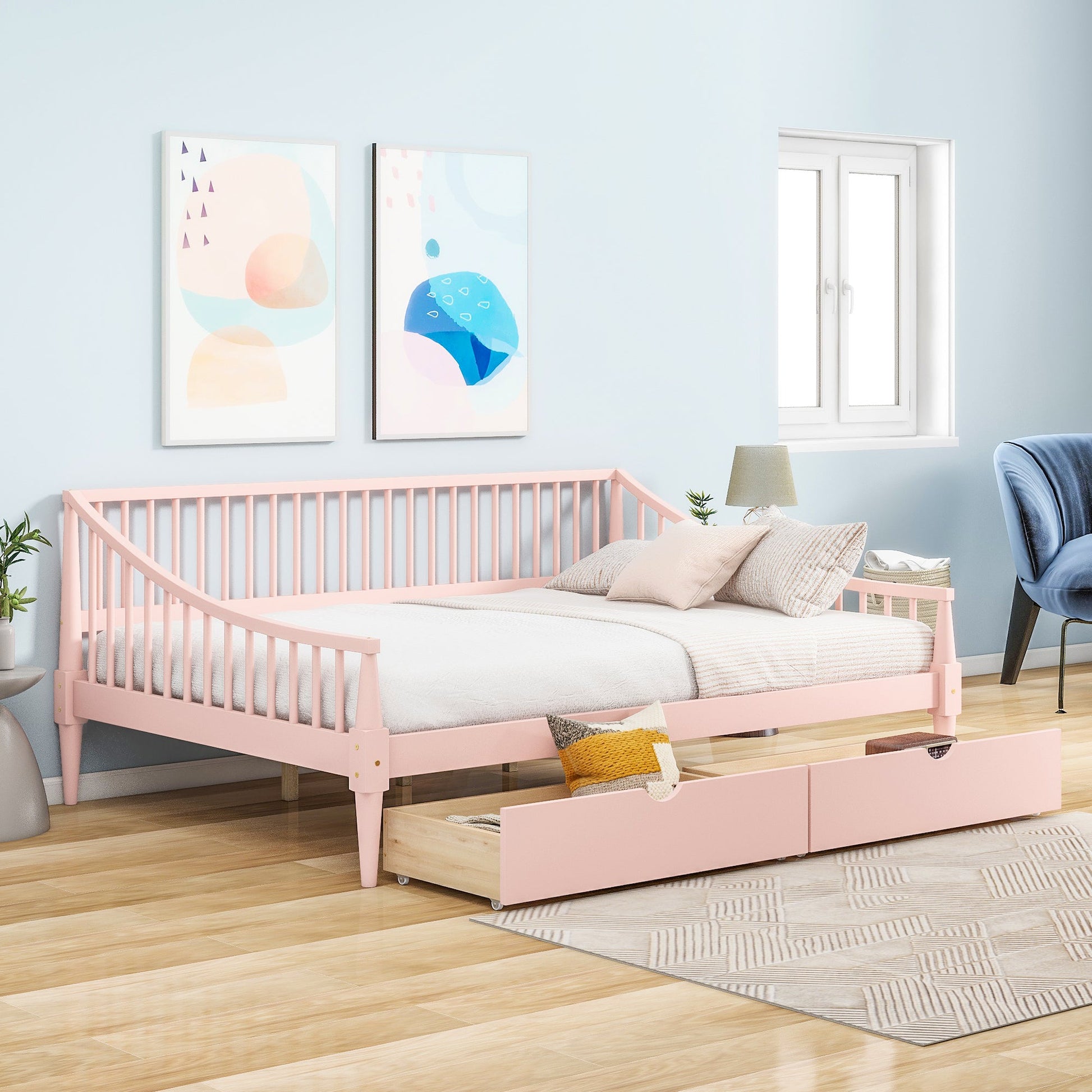 Full Size Daybed with Two Storage Drawers and Support Legs Pink - Korvel