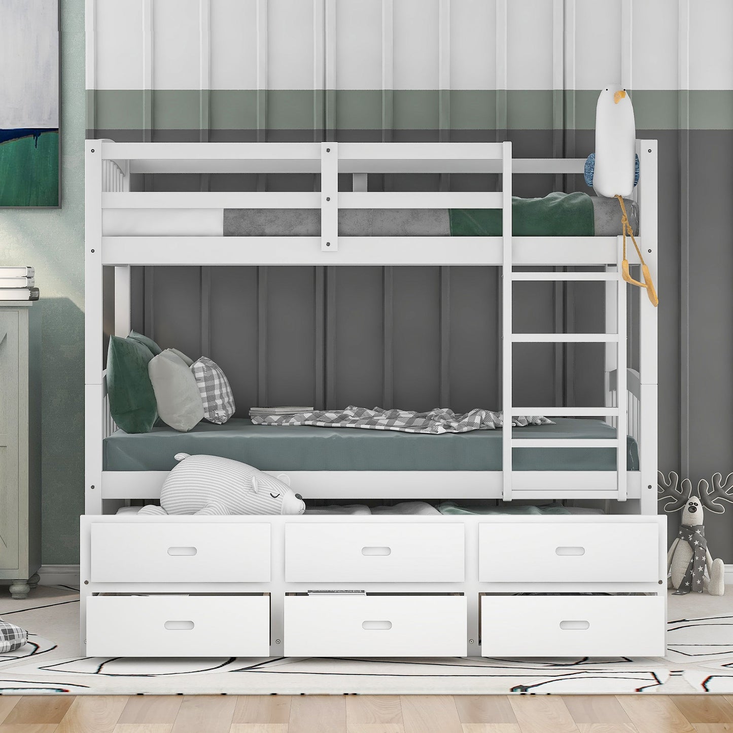 Twin over Twin Wood Bunk Bed with Trundle and Drawers White - Korvel