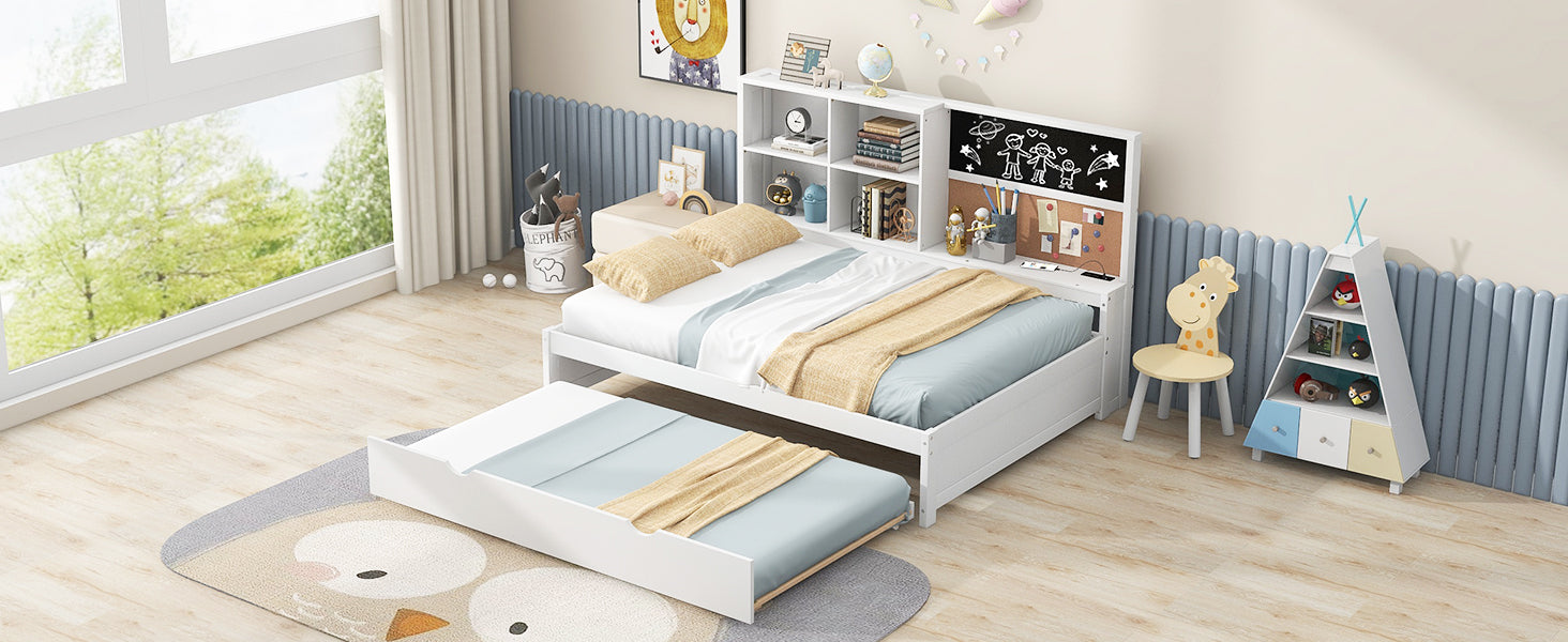 Full Size Daybed with Storage Shelves, Blackboard, Cork board, USB Ports and Twin Size Trundle  White - Korvel