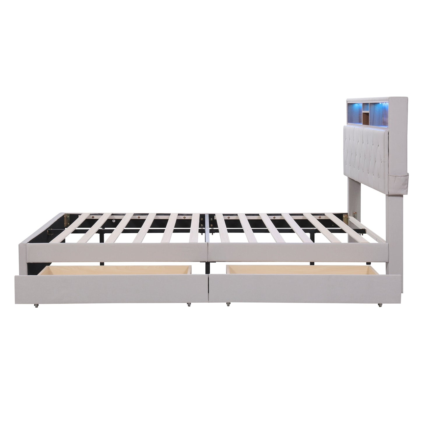 Queen Size Upholstered Platform Bed with Storage Headboard  LED  USB Charging and 2 Drawers  Beige - Korvel