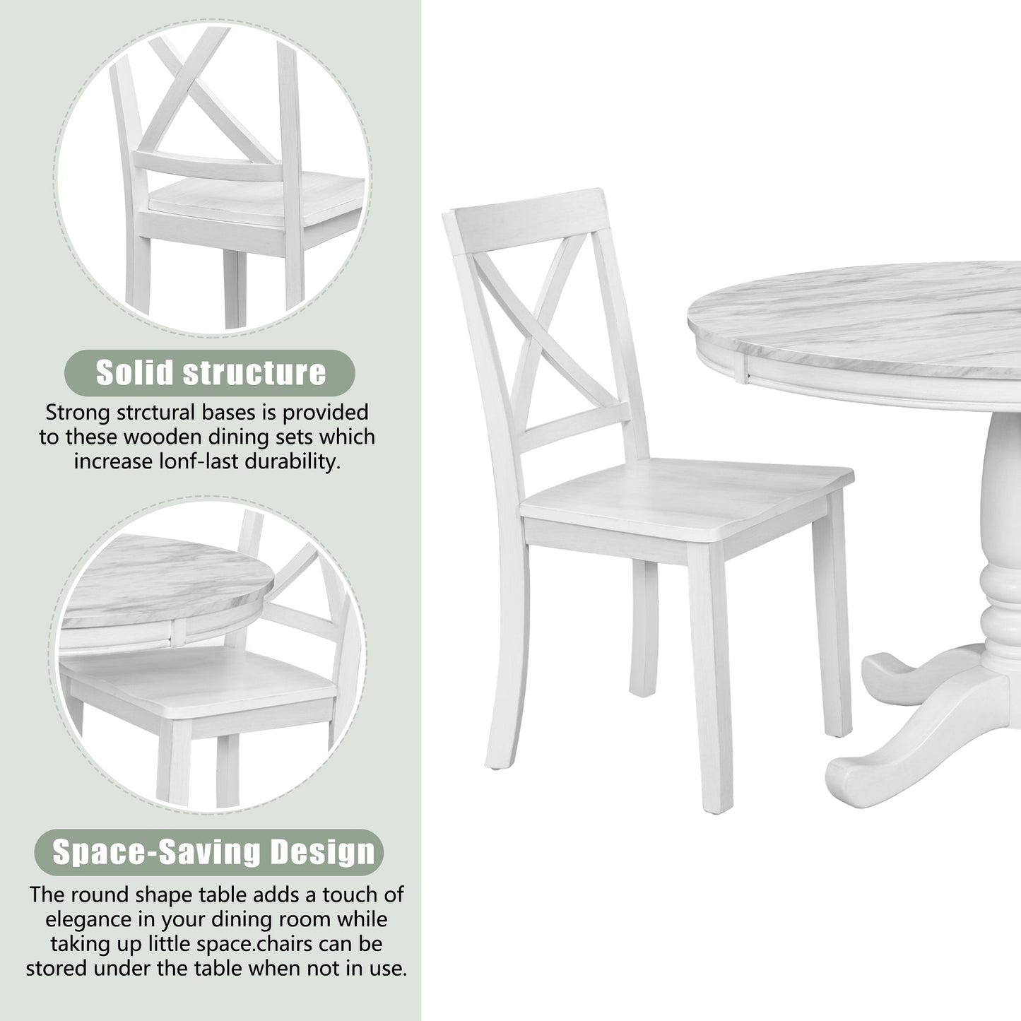 Orisfur 5 Pieces Dining Table and Chairs Set for 4 Persons Kitchen Room Solid Wood Table with 4 Chairs MDF + White + Solid Wood - Korvel