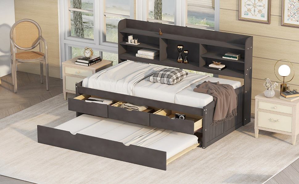 Twin Size Wooden Captain Bed with Storage and Trundle - Antique Gray