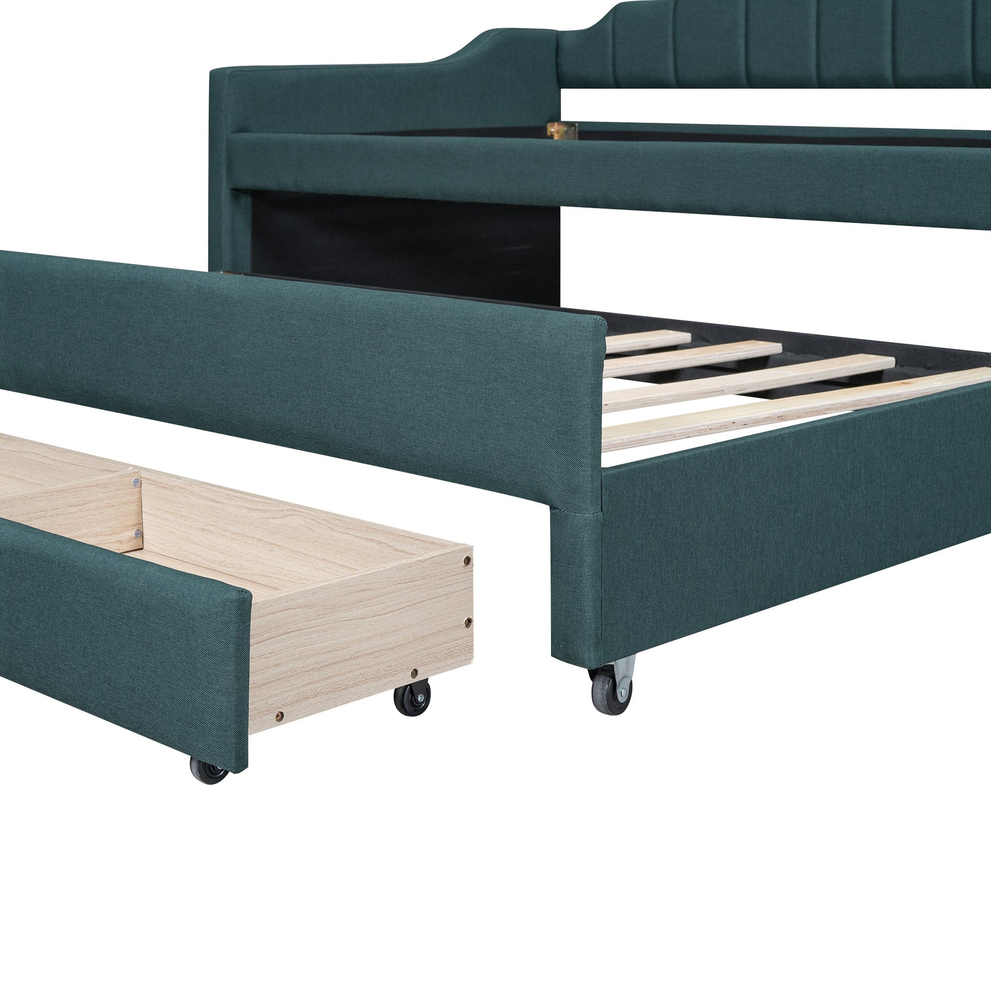 Twin Size Upholstered Daybed with Trundle and Three Drawers,Green - Korvel