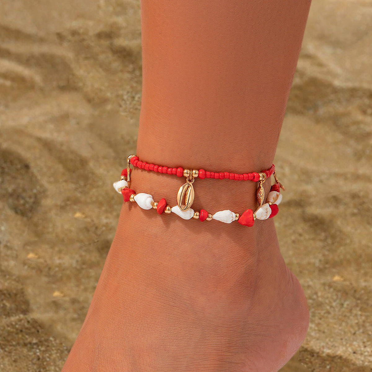Conjunto de Tobilleras Elegantes de Perlas de Arroz Circulares para Playa - 3 Piezas