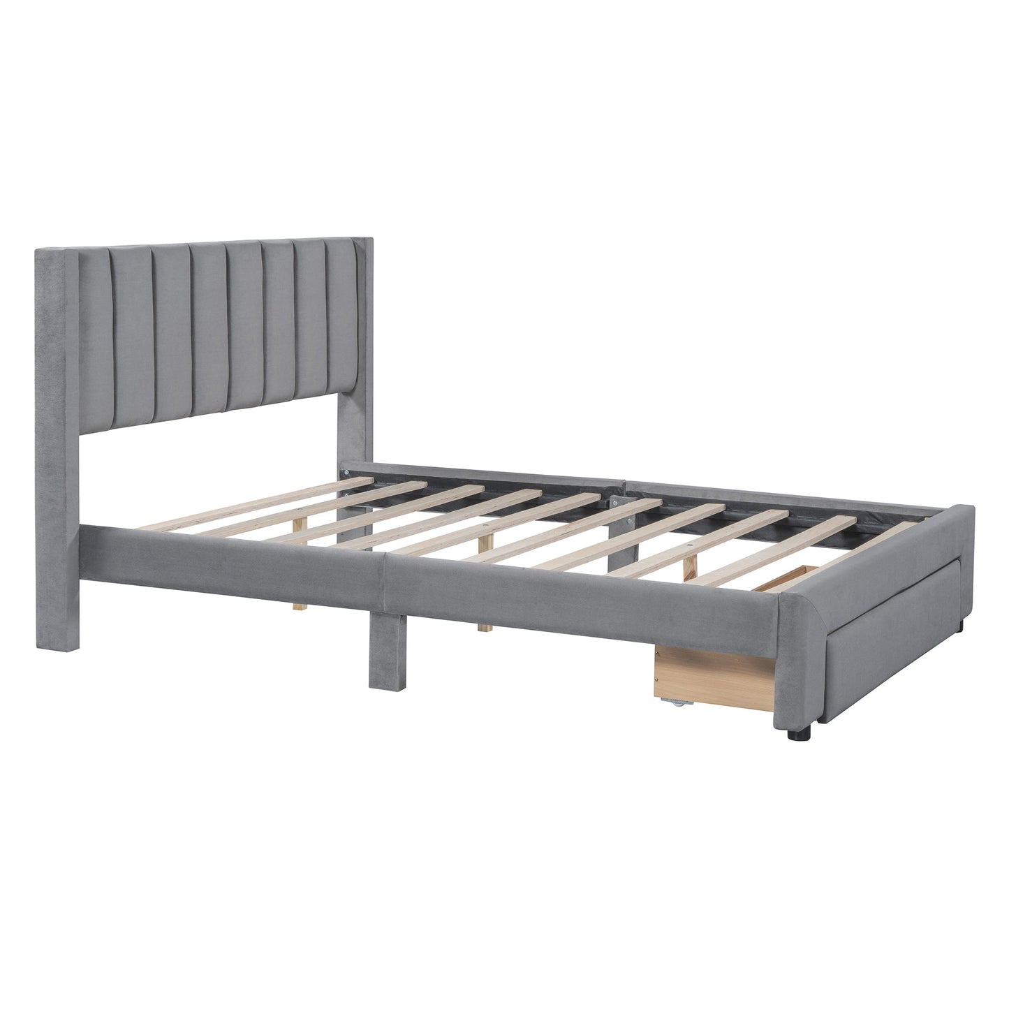 Full Size Storage Bed Velvet Upholstered Platform Bed with a Big Drawer - Gray - Korvel