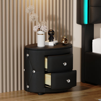 Elegant PU Nightstand with 2 Drawers and Crystal Handle,Fully Assembled Except Legs&Handles,Storage Bedside Table - Black - Korvel