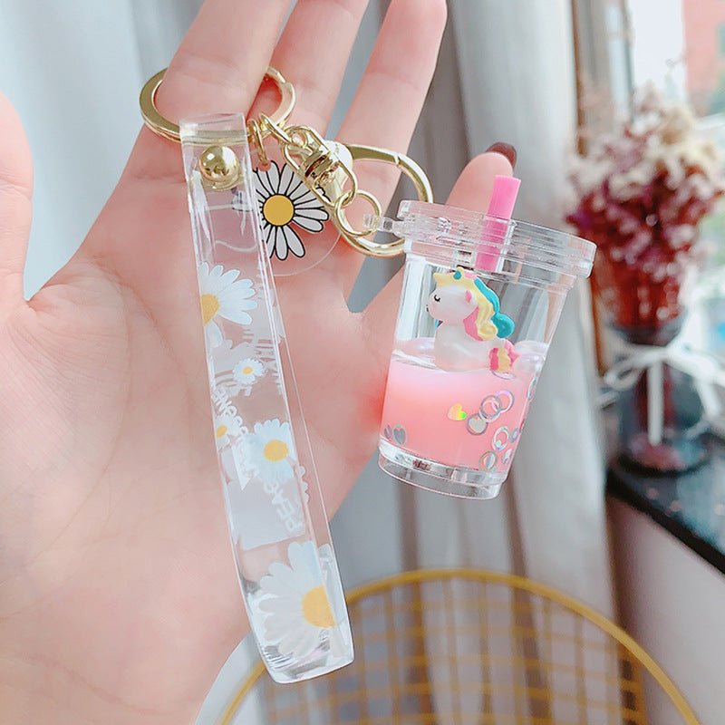 Glitter Quicksand Key Chain Liquid Floating Unicorn Keyring Keychain Bag Charm Milk Tea Cup Pendant Keyfob Gift for Women - Korvel