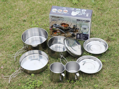 Mayitr 8Pcs Stainless Steel Outdoor Camping Picnic Pot Pan Kit Camping Backpacking Hiking Cookware Set High quality - Korvel