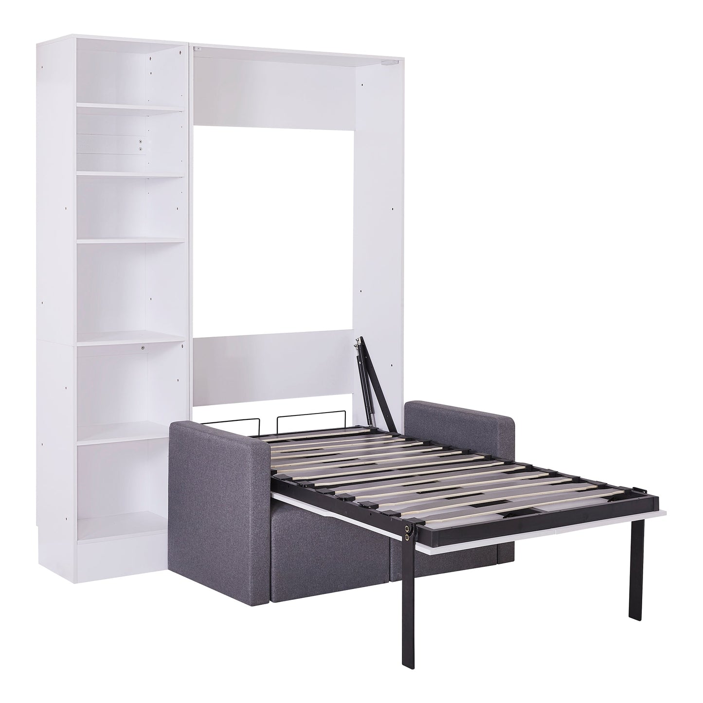 Twin Size Murphy Bed Wall Bed with Sofa and Shelves - White