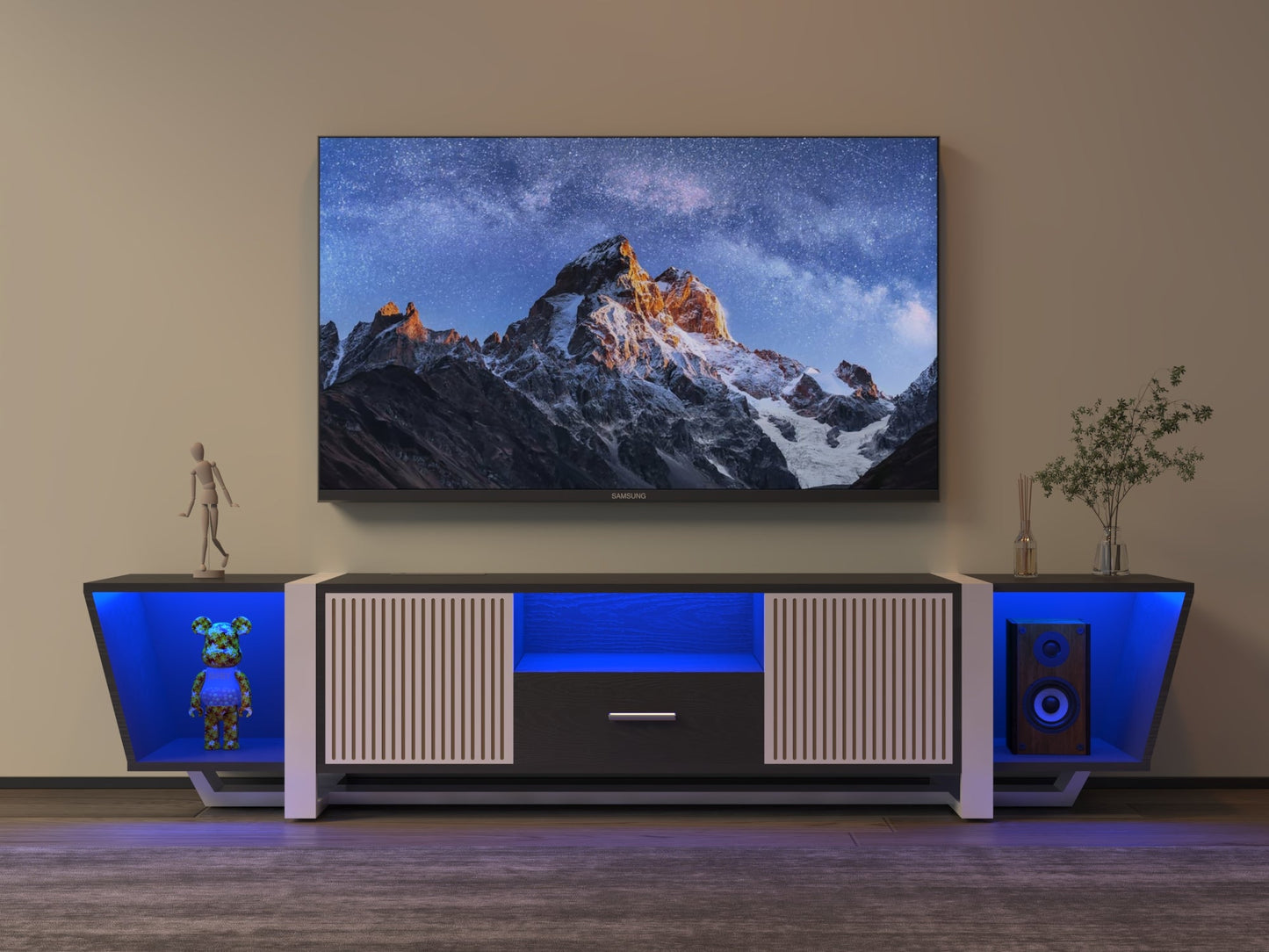 Console TV noire moderne avec rangement et éclairage LED