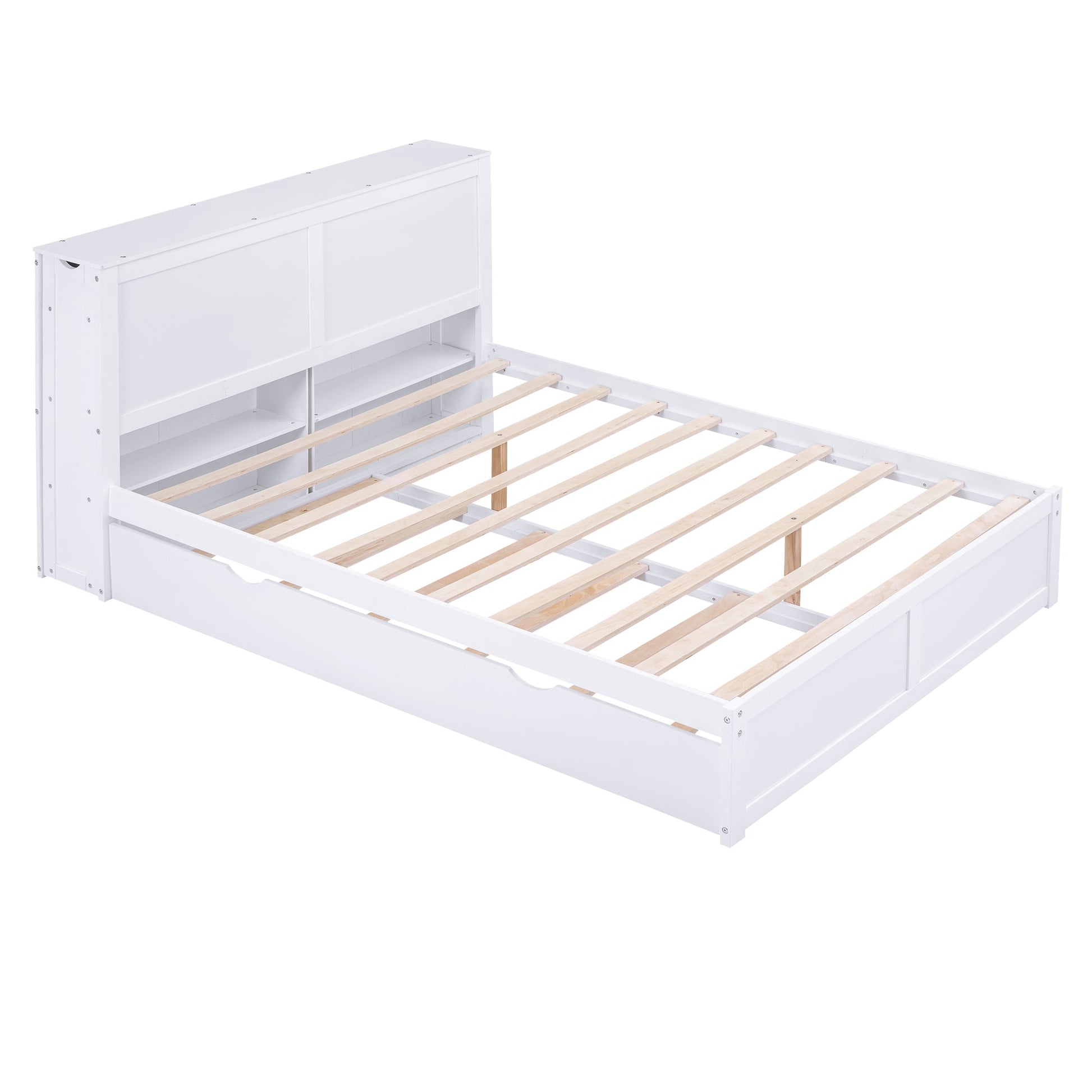 Queen Size Storage Platform Bed with Pull Out Shelves and Twin XL Size Trundle  White - Korvel