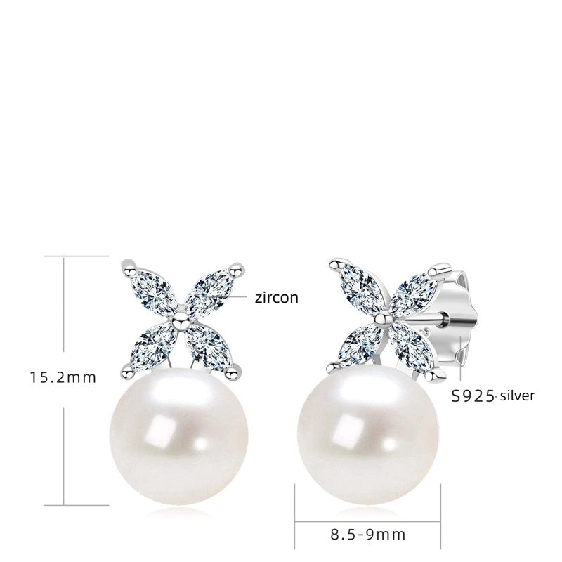 Fashionable freshwater pearl earrings s925 pure silver round strong light bulb earrings - Korvel