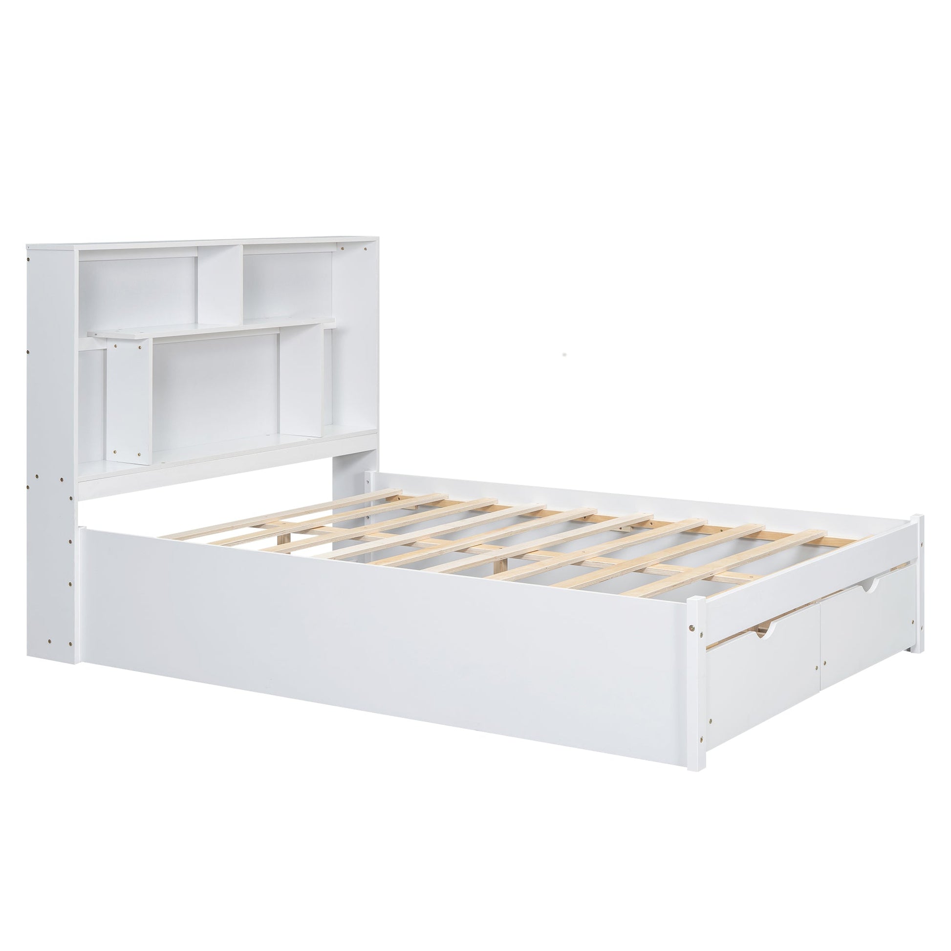 Full Size Platform Bed with Storage Headboard and 2 Drawers, White - Korvel