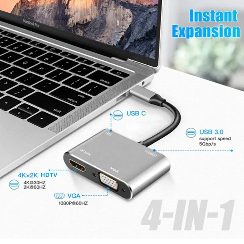 USB C Hub 4 in 1 Type C 3.0 Adapter with 4K HDMI & VGA