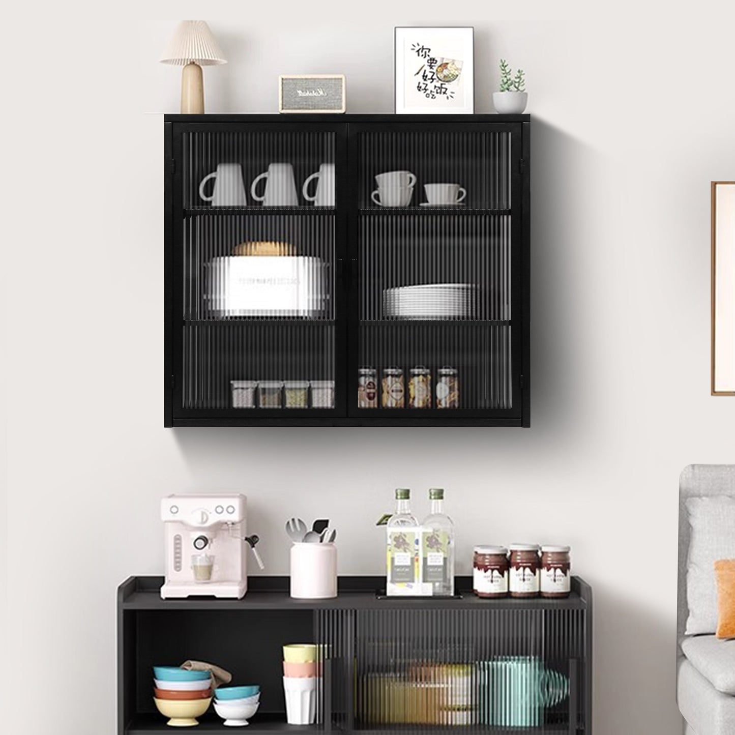 27.56"Glass Doors Modern Two-door Wall Cabinet with Featuring Three-tier Black - Korvel