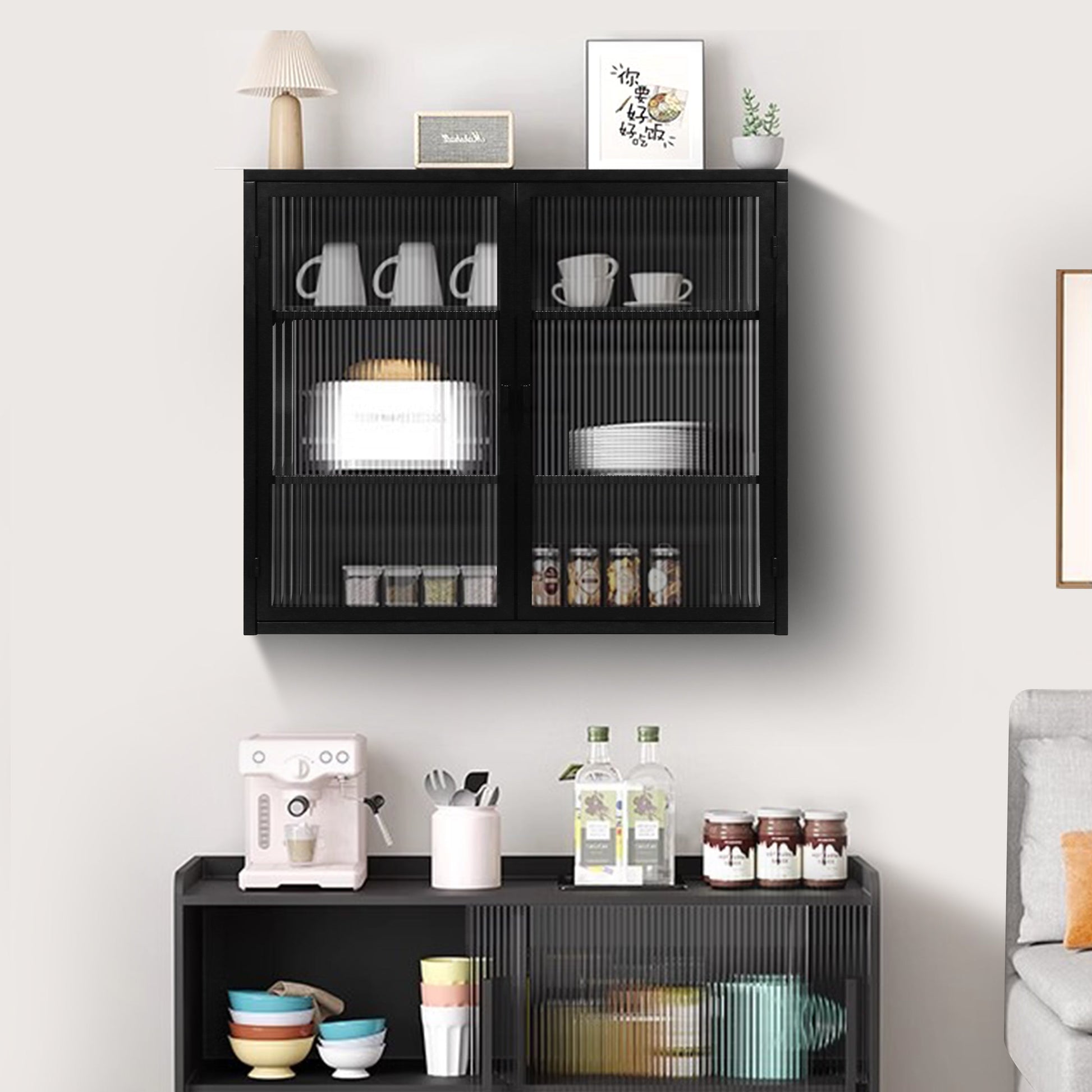 27.56"Glass Doors Modern Two-door Wall Cabinet with Featuring Three-tier Black - Korvel