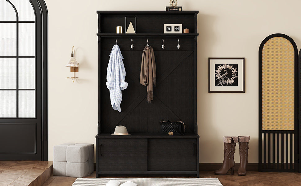 Hall tree with roof rack and storage platform, corridor shoe cabinet with sliding door, clothes hanger with 5 hooks black - Korvel