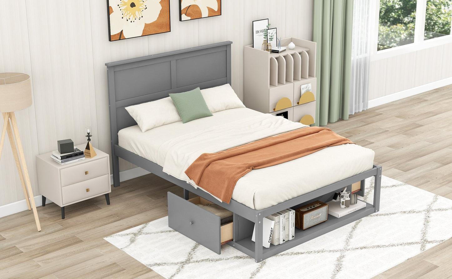 Full Size Platform Bed with Drawer on the Each Side and Shelf on the End of the Bed Gray - Korvel