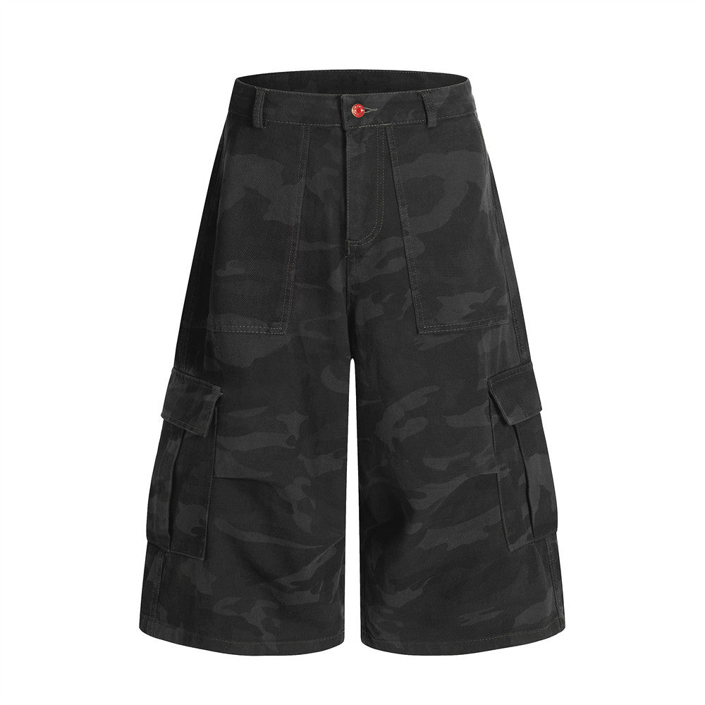 American Retro Camouflage Denim Seven-Quarter Shorts for Men, Loose Wide-Leg Multi-Pocket Design Workwear Five-Quarter Pants Trendy - Korvel