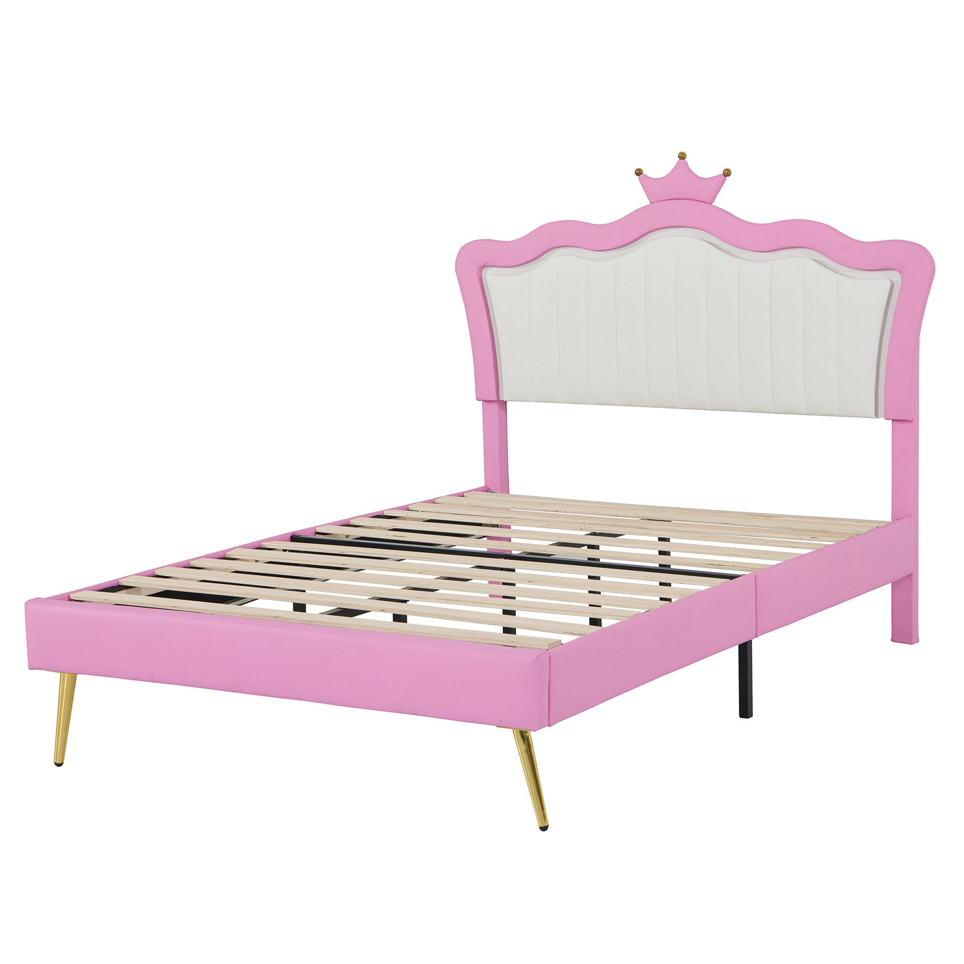 Full Size Upholstered Bed Frame with LED Lights, Modern Upholstered Princess Bed with Crown Headboard, Pink+White - Korvel