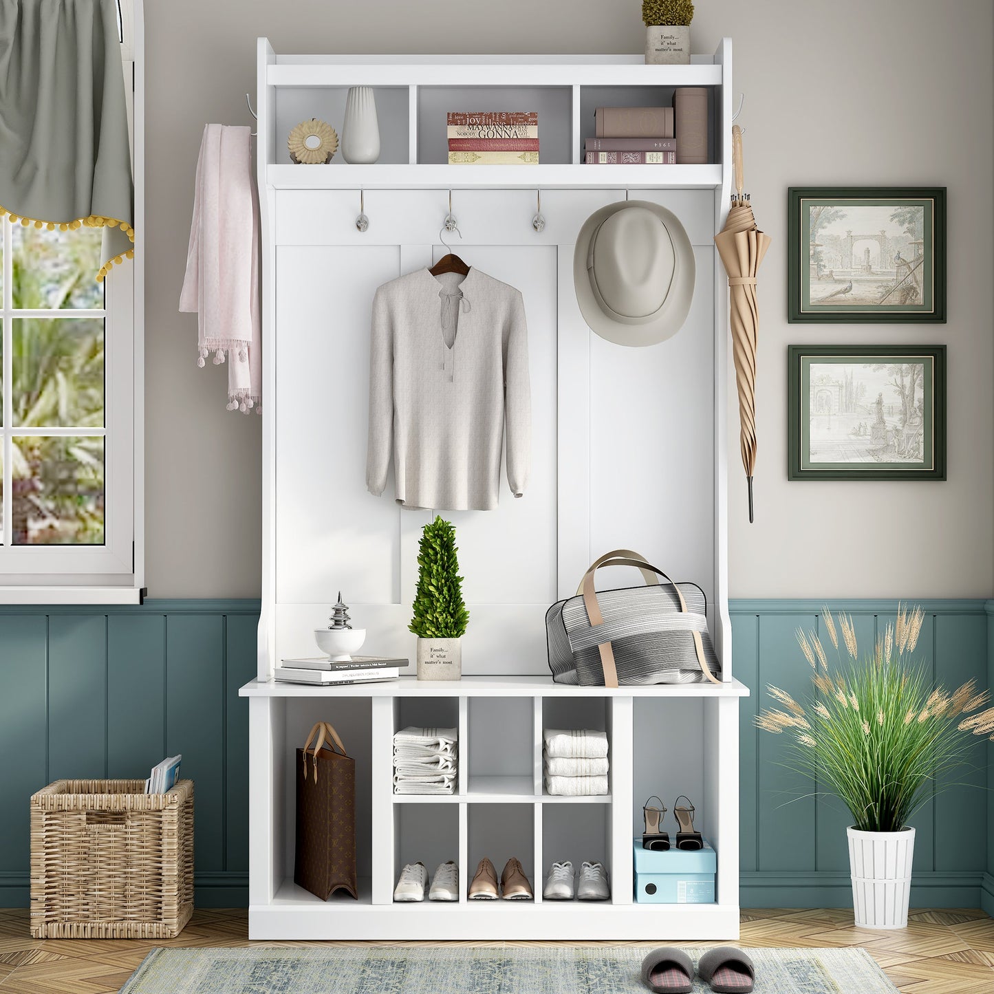 U-Can Hall Tree with 6 Hooks  Coat Hanger Entryway Bench Storage Bench (White) - Korvel
