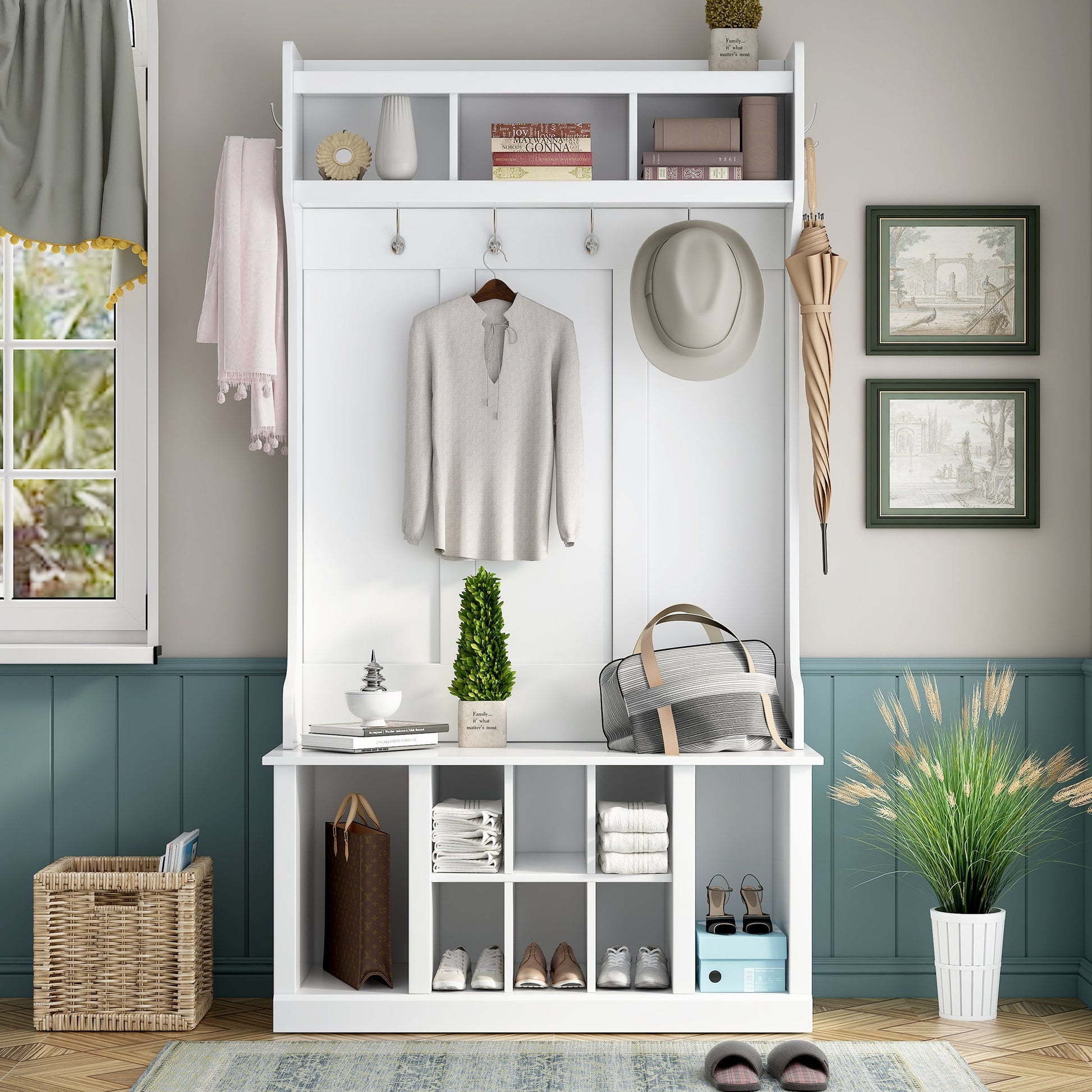 U-Can Hall Tree with 6 Hooks  Coat Hanger Entryway Bench Storage Bench (White) - Korvel