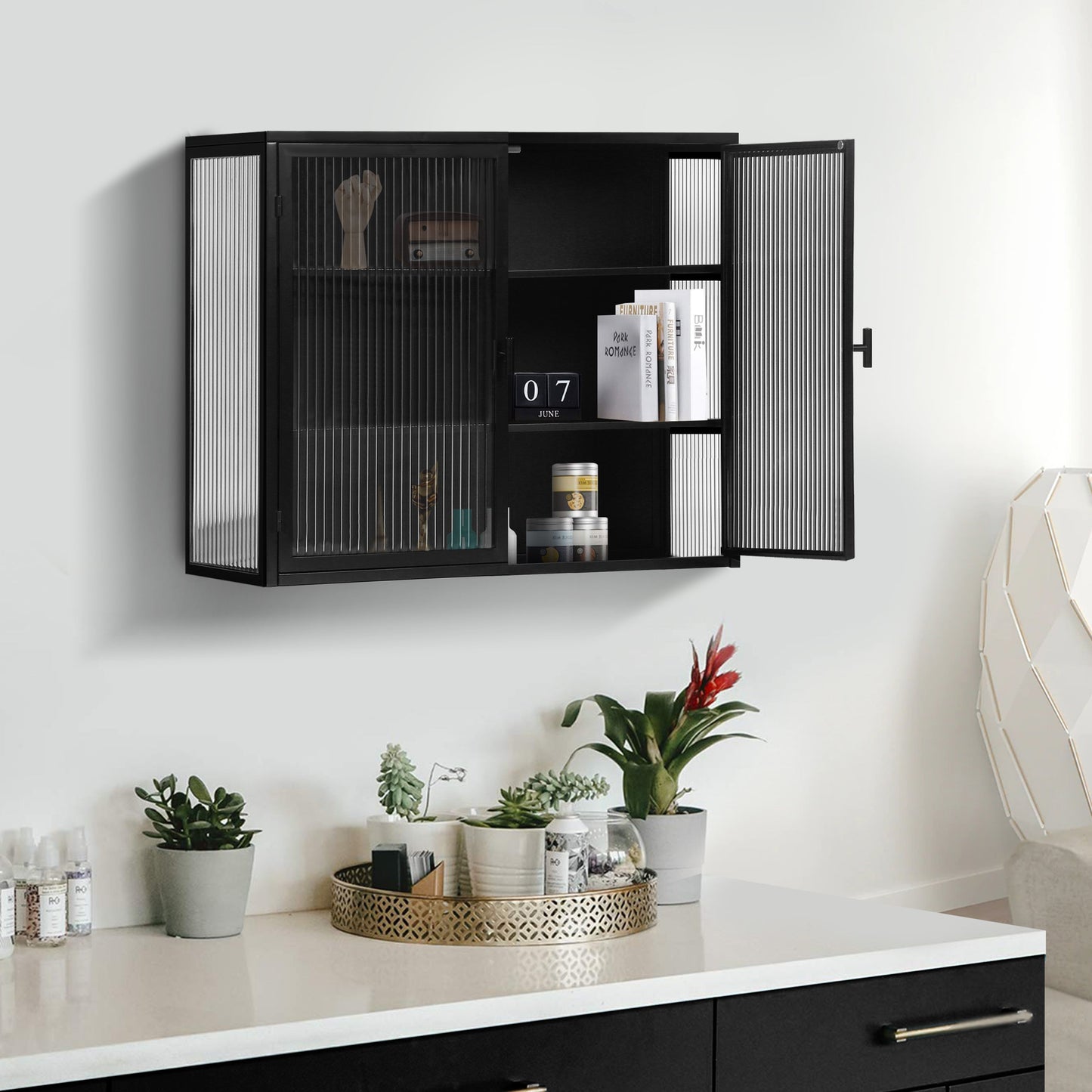 27.56"Glass Doors Modern Two-door Wall Cabinet with Featuring Three-tier Black - Korvel