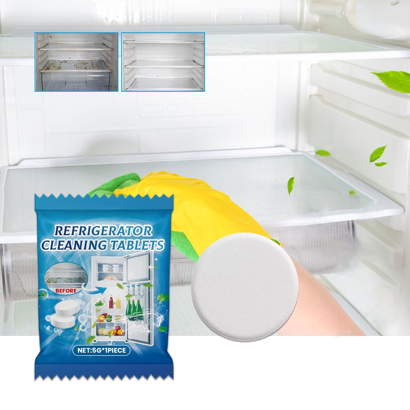 Refrigerator Cleaning Tablets, Deep Cleaning Household Freezer Crevices Descaling Odor Cleaning Effervescent Tablets - Korvel