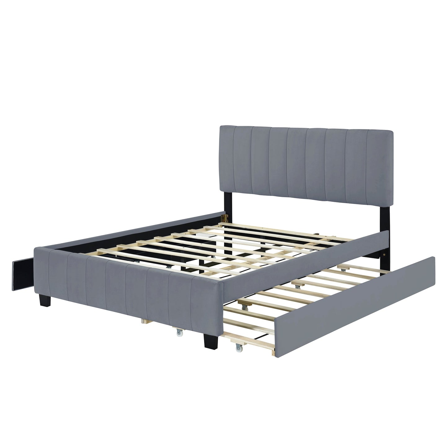 Queen Size Velvet Upholstered Platform Bed with 2 Drawers and 1 Twin XL Trundle- Gray - Korvel