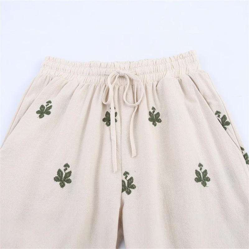 Elastic Waist Tied Embroidered Wide Leg Pants for WomenStyle Fashion Casual - Korvel