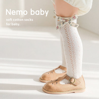 Hollow Mesh Floral Bow Princess Socks Combed Cotton Girls Stockings - Korvel