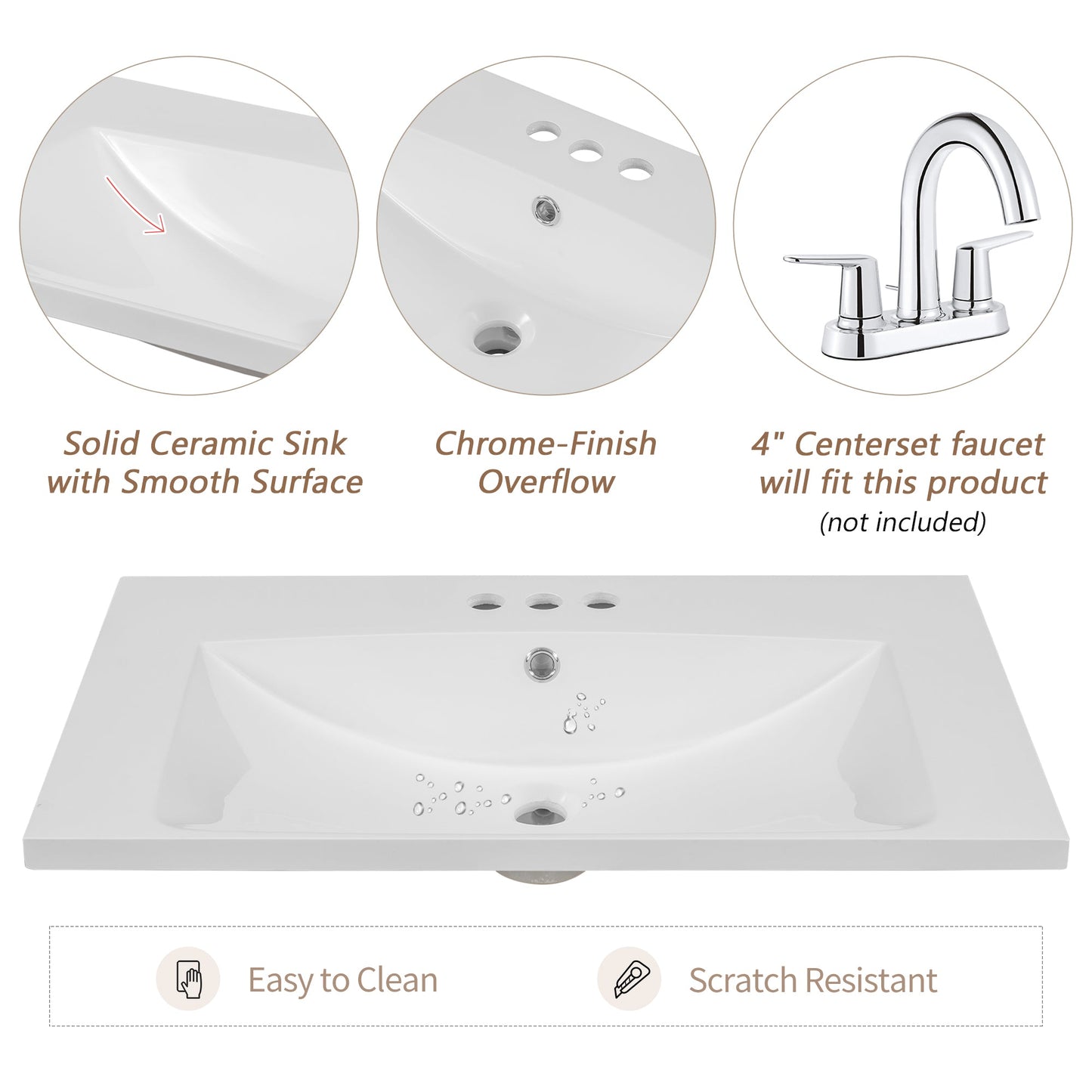 30" Single Bathroom Vanity Top with White Basin  3-Faucet Holes  Ceramic White - Korvel