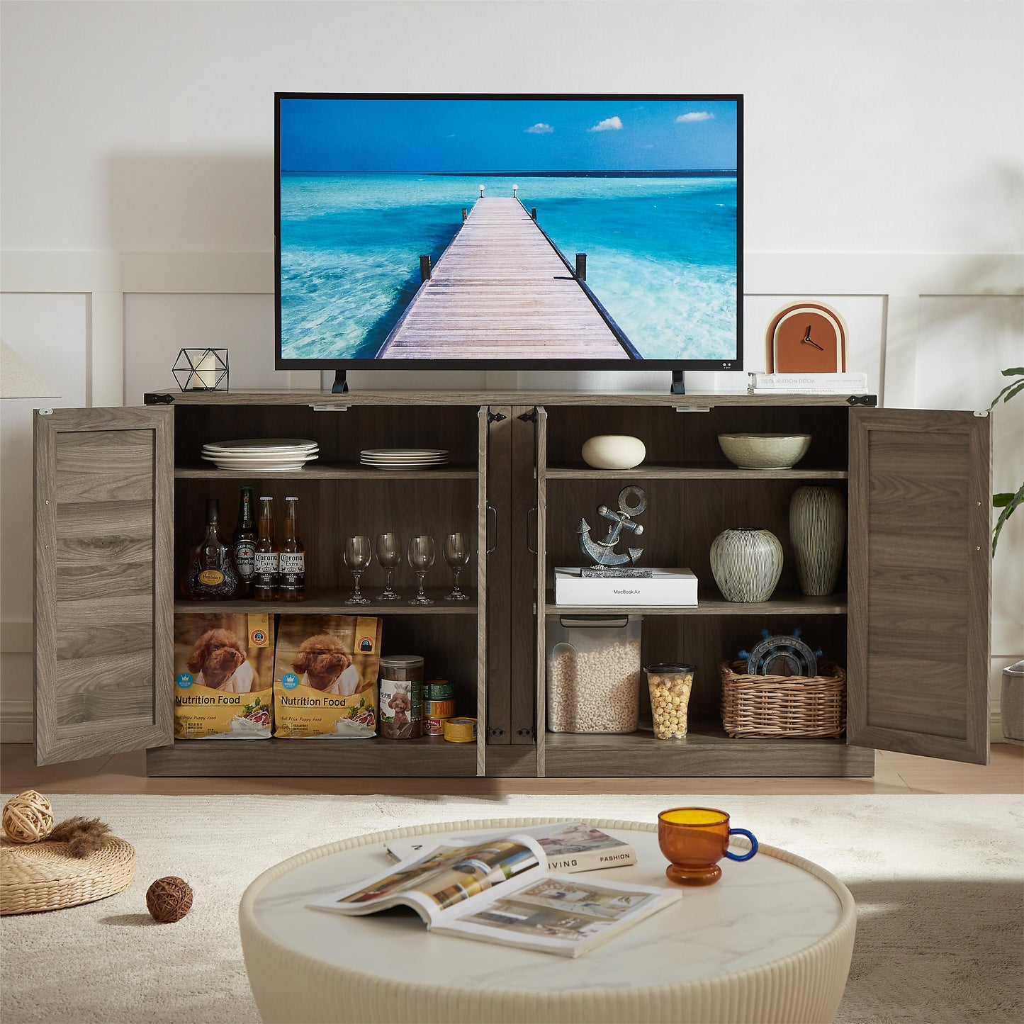 65-Inch Slate Gray Faux Rattan Sideboard with Barn Doors